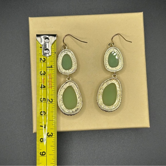 Gold Tone & Green Stone Double Drop Earrings - Picture 8 of 9